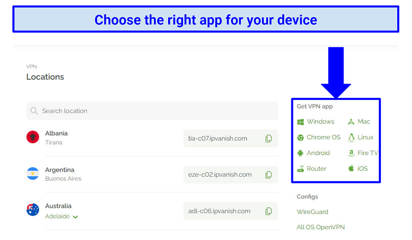 Screenshot showing IPVanish's list of supported platforms