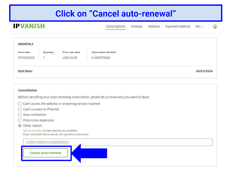 Screenshot showing the IPVanish cancellation confirmation page