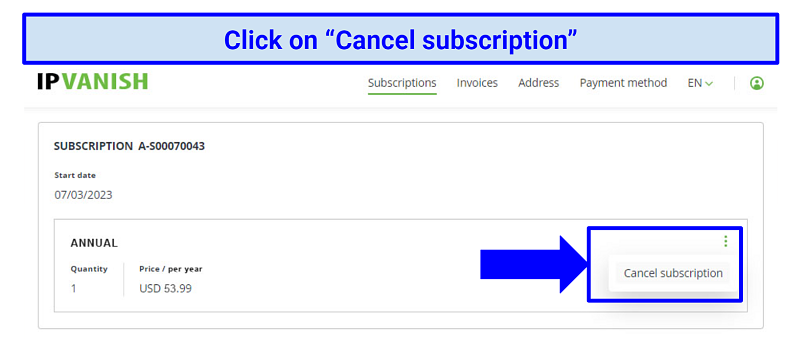 Captura de pantalla que muestra la página de suscripciones de ipvanish y cómo cancelar su suscripción
