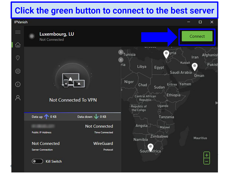 Screenshot showing the IPVanish Windows app home page