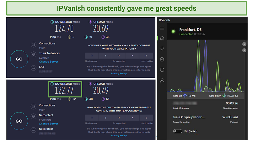 Screenshot showing speed test results with and without IPVanish connected to German server