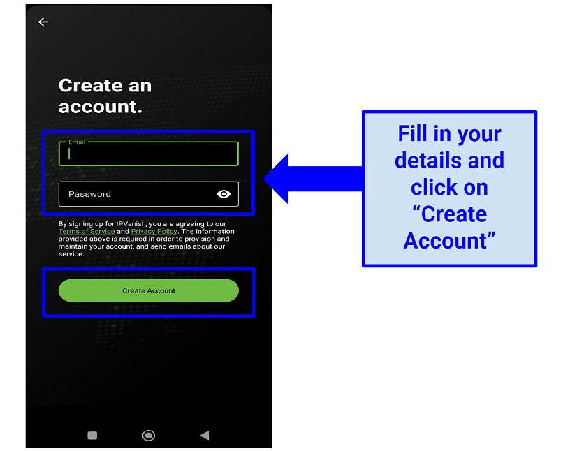 Screenshot showing the IPVanish sign up page on its Android app