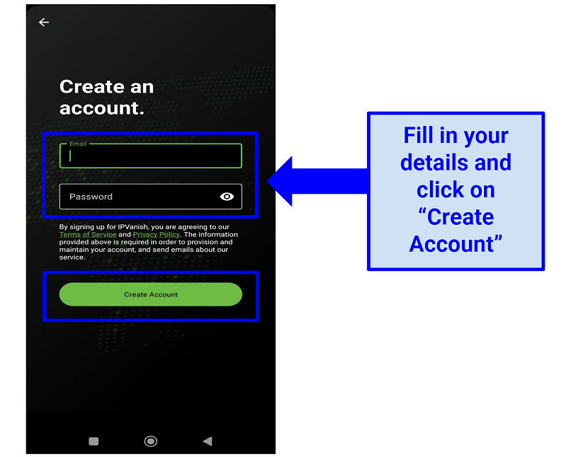 Capture d'écran montrant la page d'inscription IPvanish sur son application Android