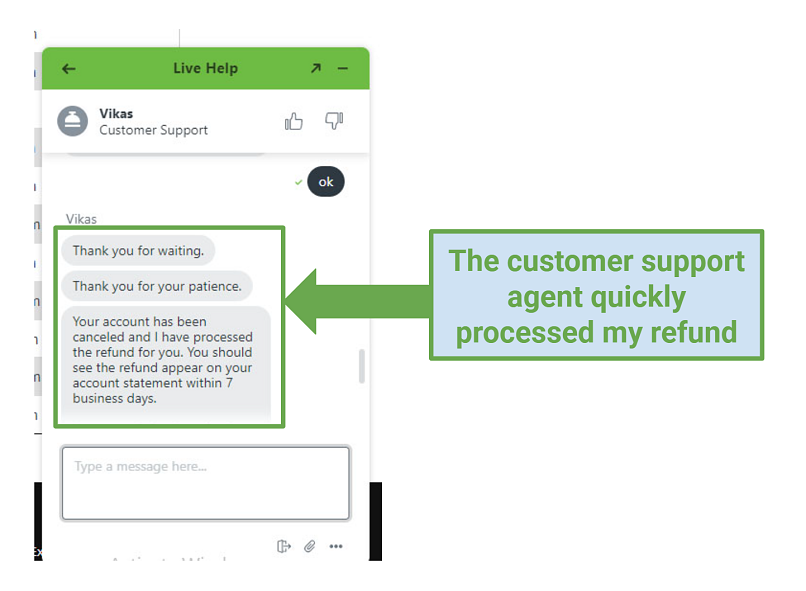 Captura de pantalla que muestra conversación con un agente de soporte de Ipvanish que rápidamente procesó mi reembolso