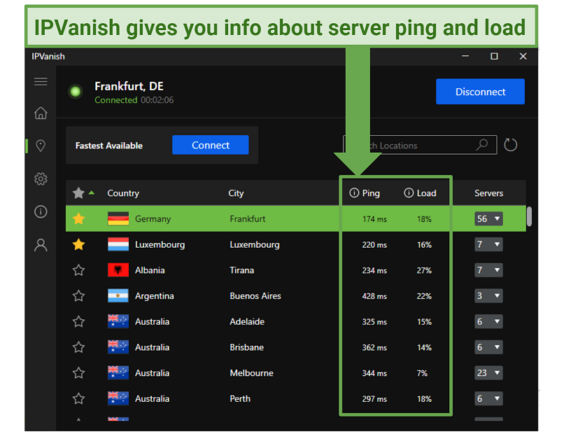 Screenshot showing IPVanish server list and each server's ping and load