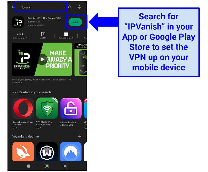 Screenshot of IPVanish on Google Play Store