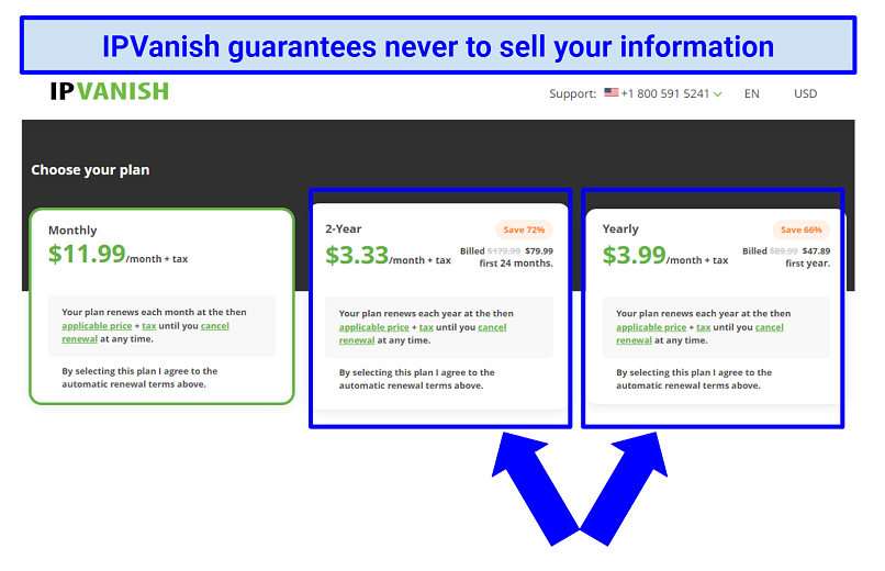 Screenshot showing IPVanish's 3 pricing plans
