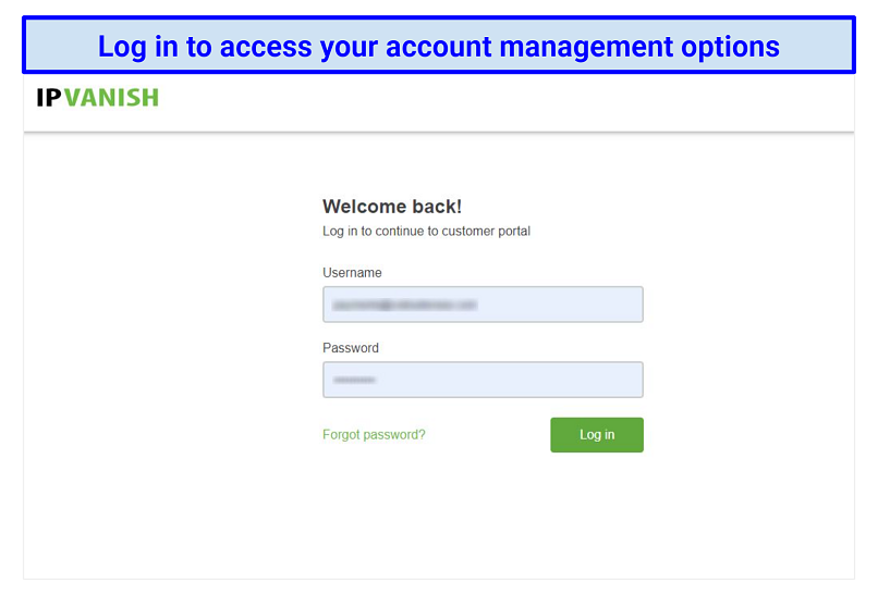 Screenshot showing the IPVanish login page.