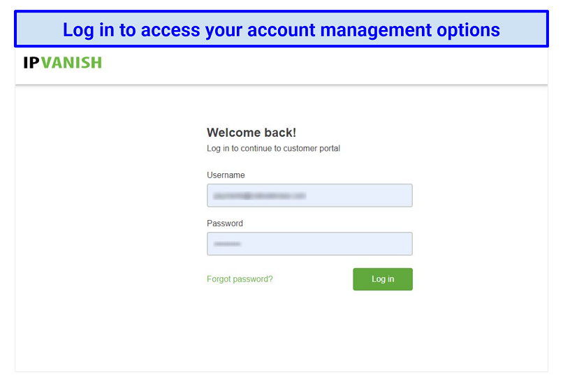 IPVANISH लॉगिन पेज दिखाते हुए स्क्रीनशॉट।