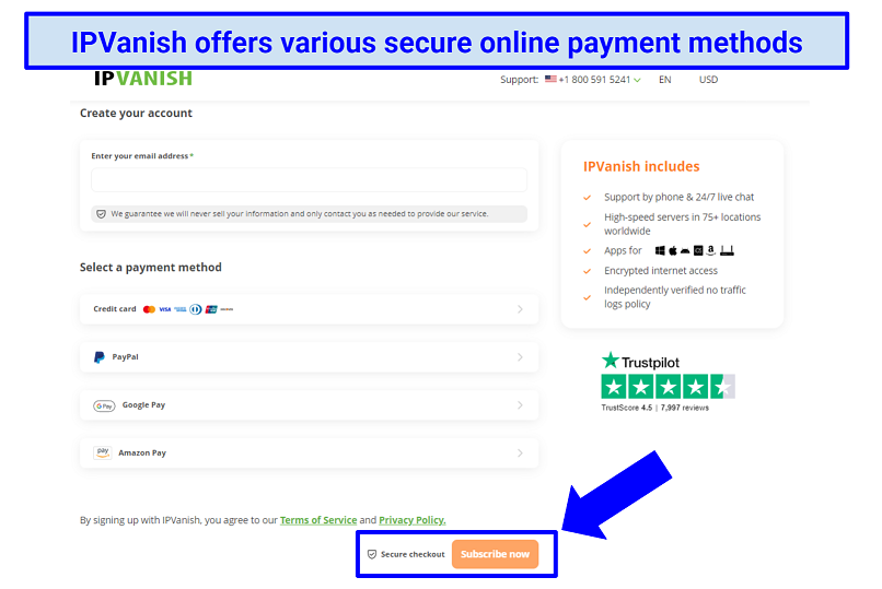 Screenshot showing the IPVanish registration page and payment methods