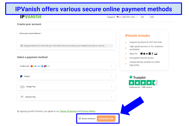 Capture d'écran montrant la page d'enregistrement IPvanish et les méthodes de paiement