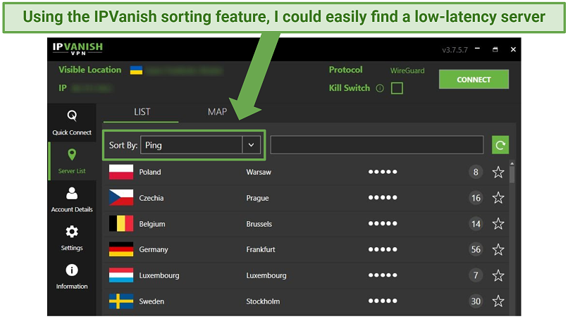 A screenshot of the IPVanish sorting feature found in its user interface