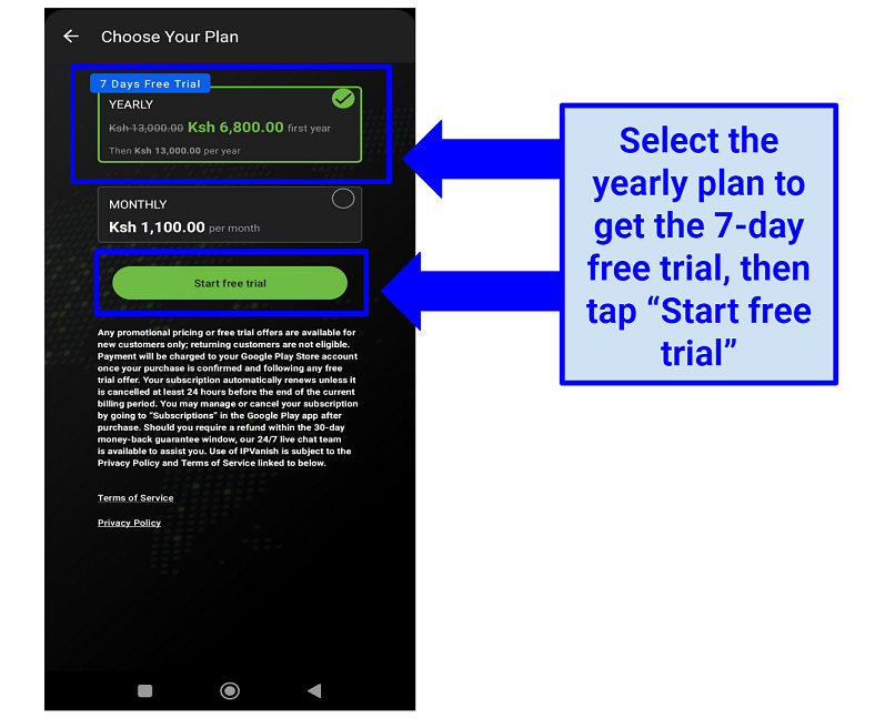 Screenshot of the IPVanish Android app showing its mobile plans