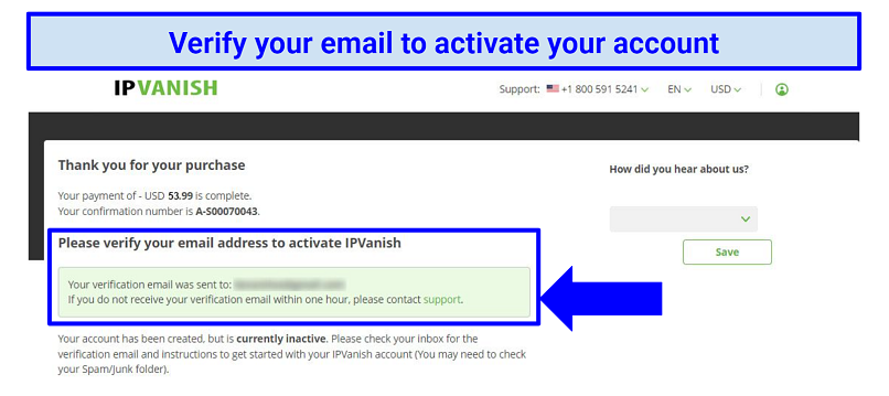 Screenshot showing the IPVanish payment confirmation page