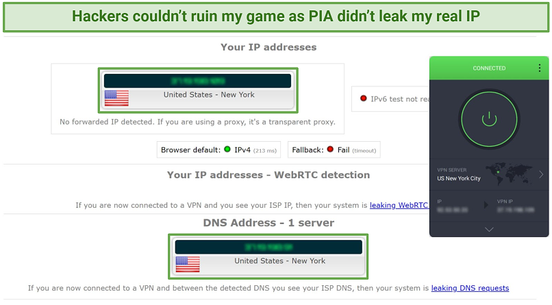 A screenshot showing that PIA's NY server didn't leak my real IP address