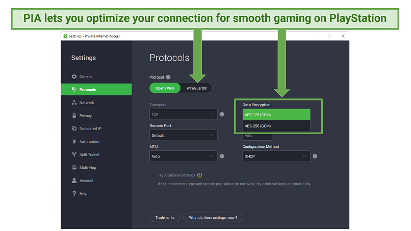 image displaying how to change your VPN settings in the PIA app