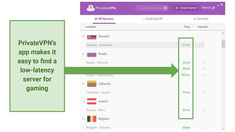 A screenshot of PrivateVPN's server selection screen on its Windows app