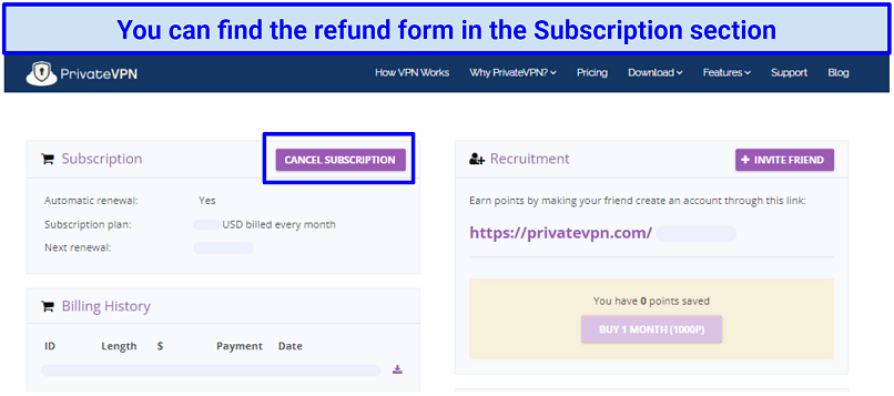 a screenshot of PrivateVPN's account control panel, with Cancel subscription button visible