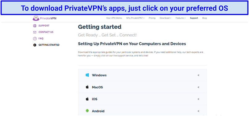 a screenshot of PrivateVPN's device setup page, with Windows, MacOS, iOS, and Android visible
