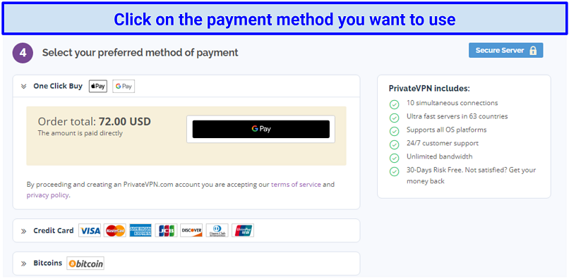 a screenshot of PrivateVPN's payment methods, such as GooglePay, credit cards, and Bitcoin