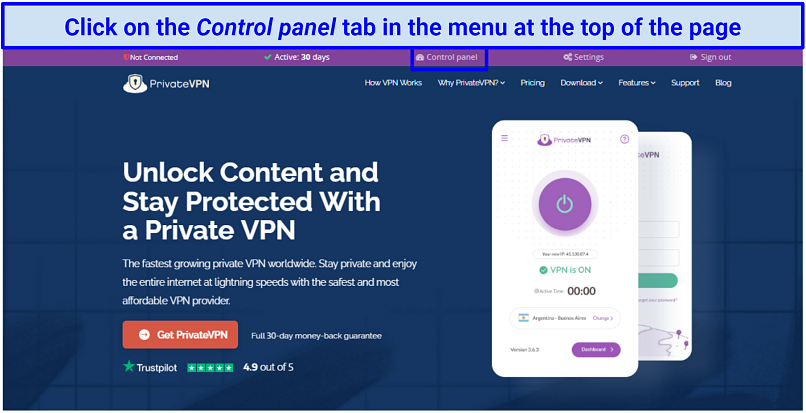 a screenshot of PrivateVPN's website with control panel visible