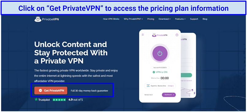 a screenshot of PrivateVPN interface, with money-back guarantee mentioned