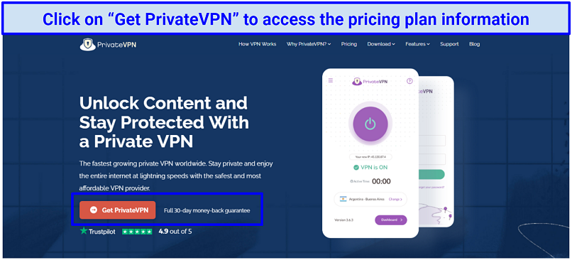 Une capture d'écran de l'interface privévpn, avec une garantie de revers mentionnée