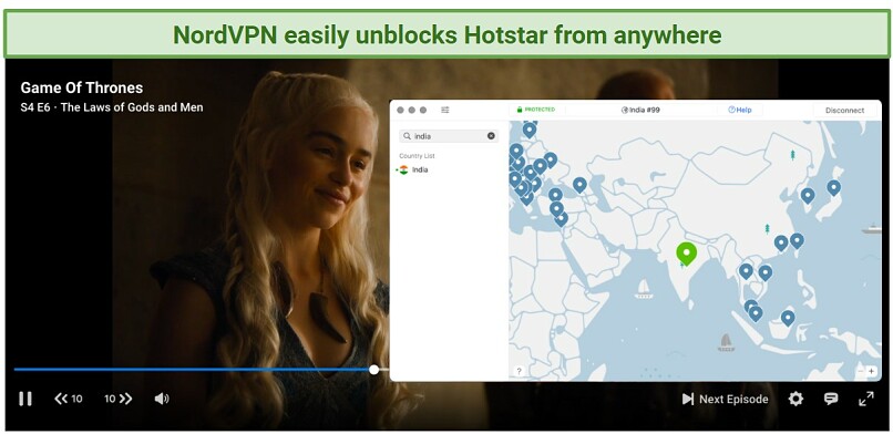 Image showing Game of Thrones streaming on Hotstar using NordVPN's Indian server