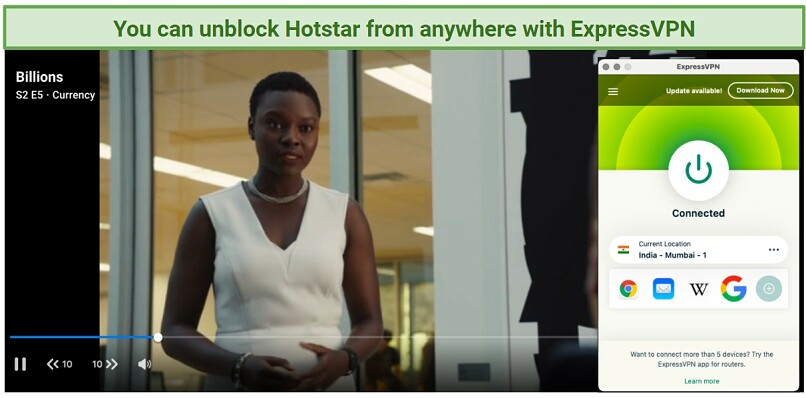 Graphic showing ExpressVPN streaming Hotstar on an Indian server