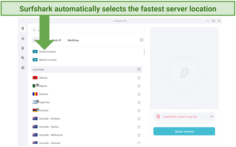 Screenshot showing the Surfshark server selection screen and fastest server option