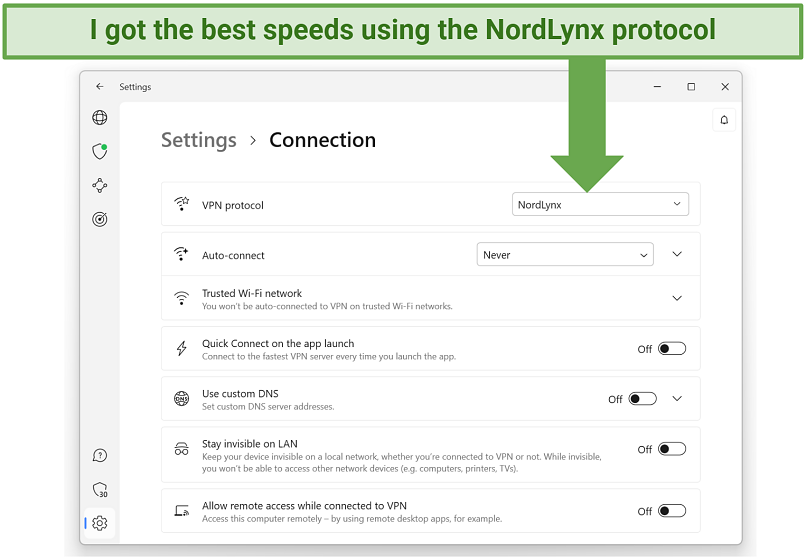 Screenshot of NordLynx protocol option on NordVPN menu screen