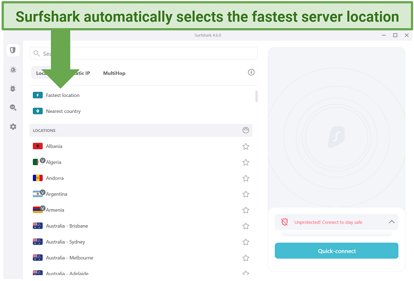 Screenshot showing Surfshark's Fastest Location feature