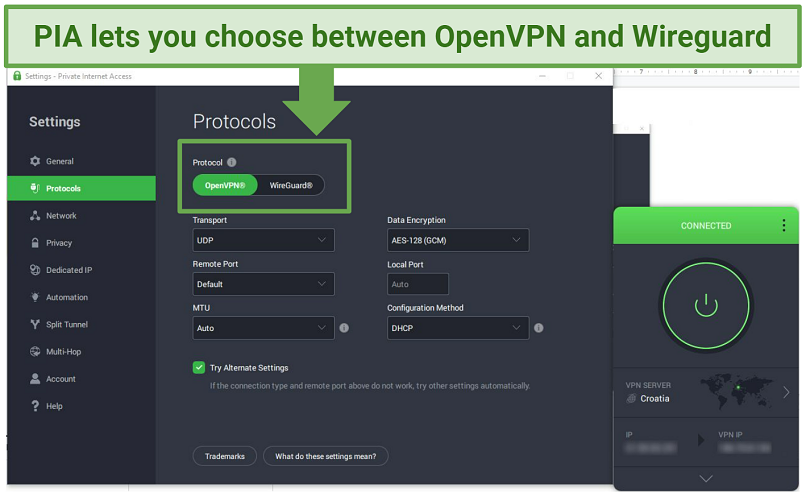 Screenshot of PIA's user interface that lets you choose between OpenVPN and WireGuard