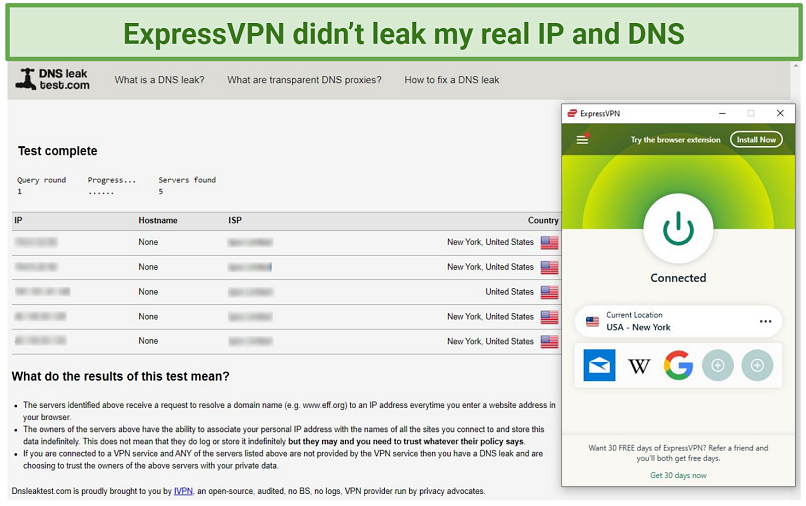 Screenshot of a DNS leak test on dnsleaktest.com with ExpressVPN connected