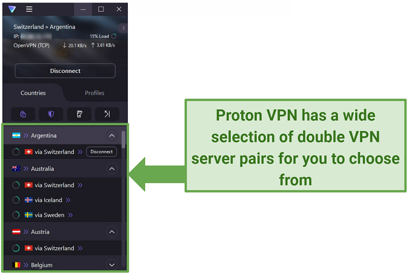 Screenshot of Proton VPN showing some of the available double VPN server pairs.