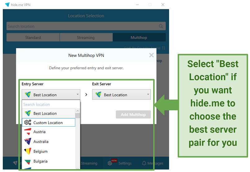 Screenshot of hide.me showing the option to pick entry and exit servers for Double VPN
