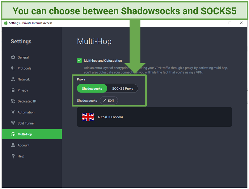 Screenshot of PIA settings panel showing the Multi-Hop feature and the option to choose between Shadowsocks and SOCKS5 proxy