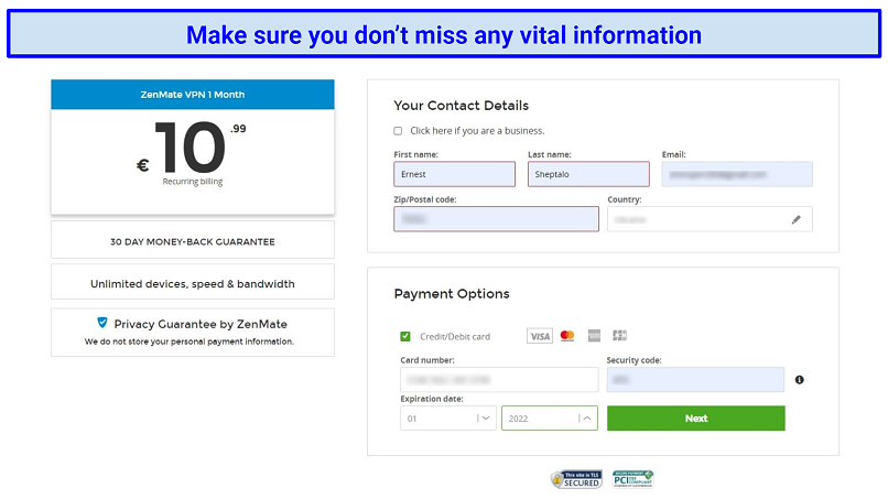 A picture of ZenMate VPN checkout page