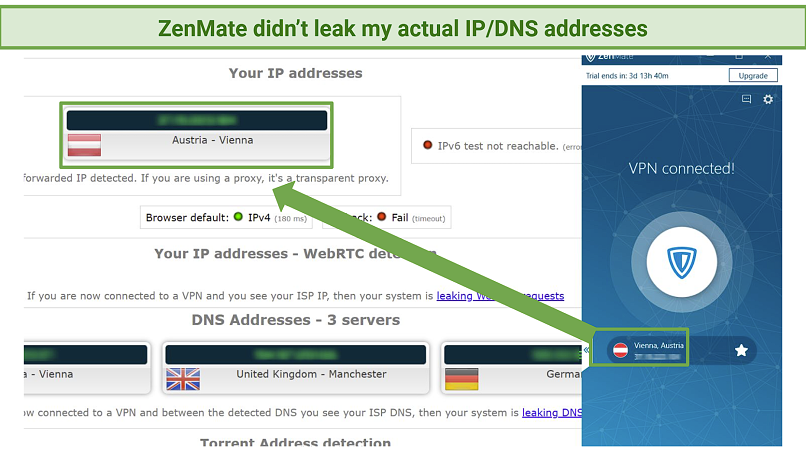 A screenshot showing ZenMate VPN successfully passing an IP/DNS leak test