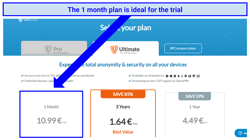 A picture of ZenMate VPN subscription page
