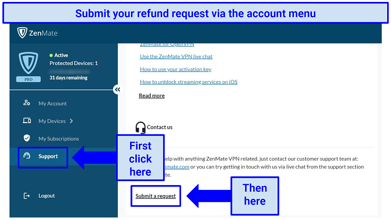 A picture of ZenMate VPN account page, support tab