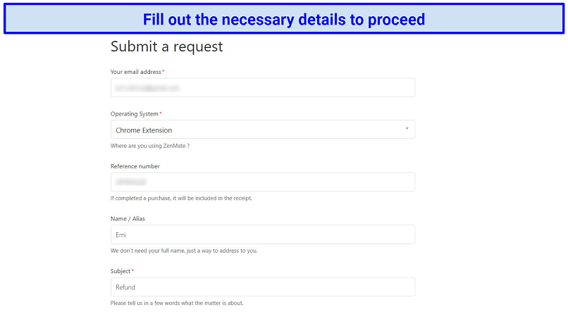 Una imagen de la página de solicitud de soporte de ZenMate VPN