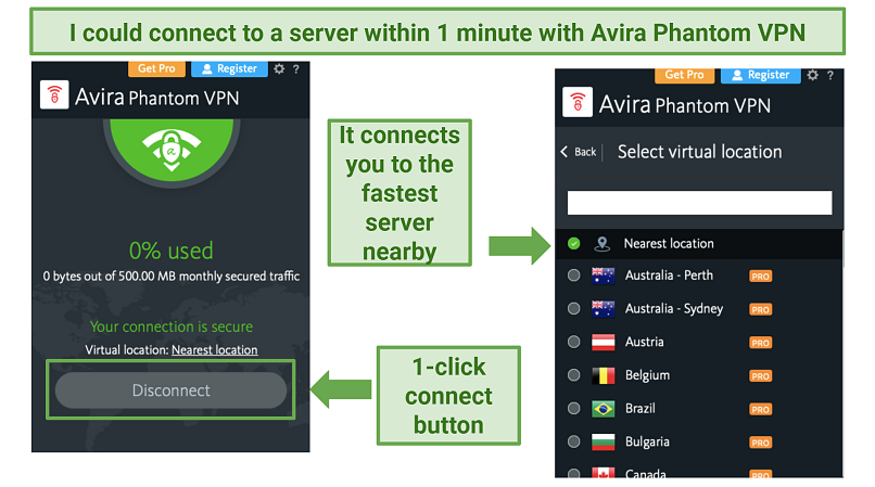 screenshot of Avira phantom VPN's app