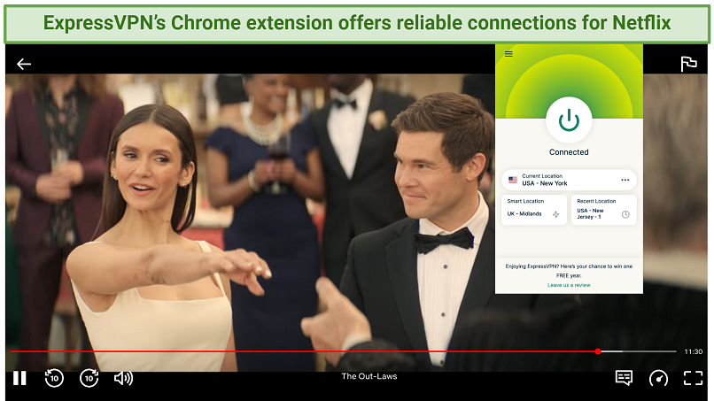 A screenshot of Netflix playing on a Chrome browser with the ExpressVPN extension connected to a server in New York