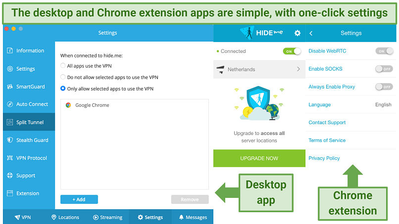 Screenshots showing the similarities between hideme's desktop app and Chrome extension