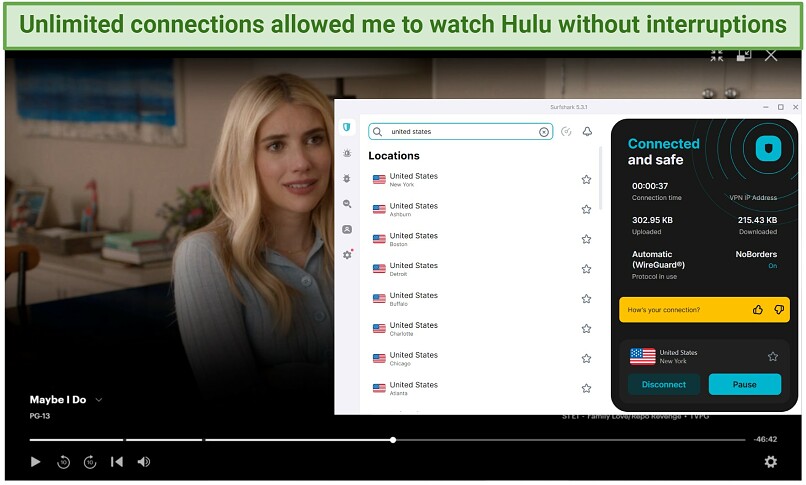 A screenshot of Maybe I Do streaming on Hulu while connected to a local US Surfshark server