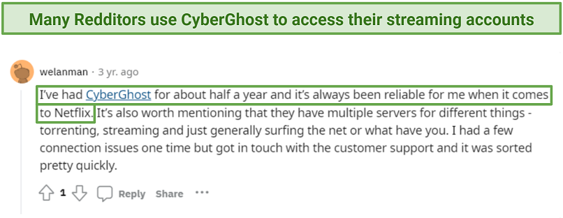Screenshot of Reddit review about CyberGhost's streaming-optimized servers.