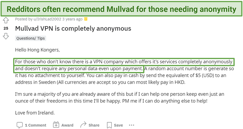 Screenshot of Reddit review recommending Mullvad for its anonymous account creation.