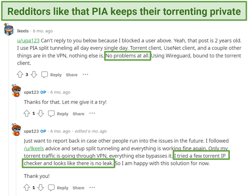 Reddit user review recommending PIA settings for torrenting.