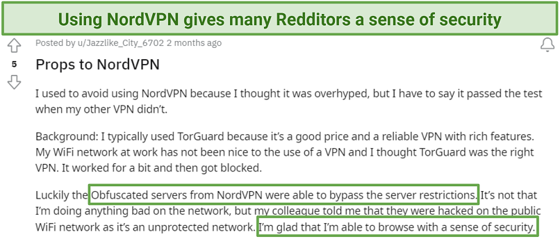 Screenshot of Reddit review highlighting NordVPN's reliability and security.